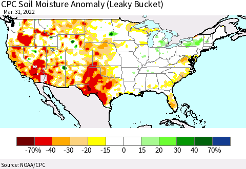 United States CPC Soil Moisture Anomaly (Leaky Bucket) Thematic Map For 3/26/2022 - 3/31/2022