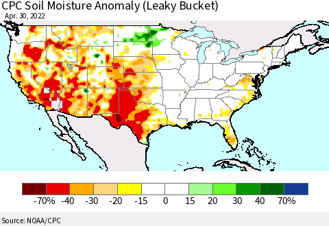 United States CPC Soil Moisture Anomaly (Leaky Bucket) Thematic Map For 4/26/2022 - 4/30/2022