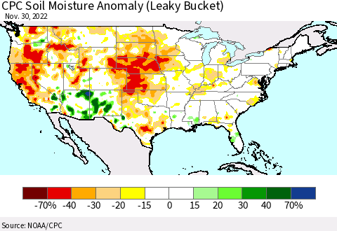 United States CPC Soil Moisture Anomaly (Leaky Bucket) Thematic Map For 11/26/2022 - 11/30/2022