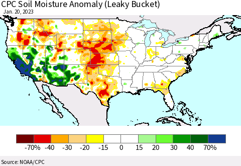 United States CPC Soil Moisture Anomaly (Leaky Bucket) Thematic Map For 1/16/2023 - 1/20/2023