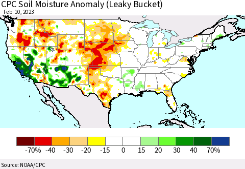 United States CPC Soil Moisture Anomaly (Leaky Bucket) Thematic Map For 2/6/2023 - 2/10/2023