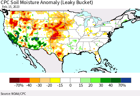 United States CPC Soil Moisture Anomaly (Leaky Bucket) Thematic Map For 2/11/2023 - 2/15/2023