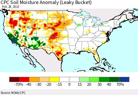 United States CPC Soil Moisture Anomaly (Leaky Bucket) Thematic Map For 2/26/2023 - 2/28/2023