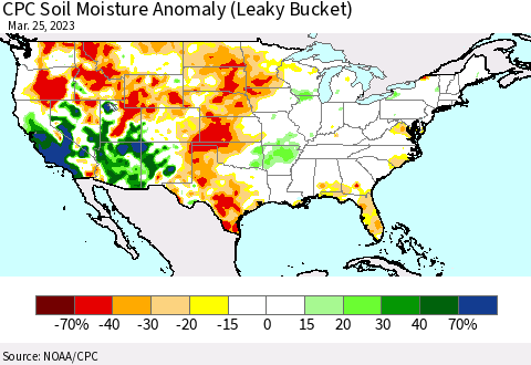 United States CPC Soil Moisture Anomaly (Leaky Bucket) Thematic Map For 3/21/2023 - 3/25/2023