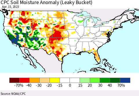 United States CPC Soil Moisture Anomaly (Leaky Bucket) Thematic Map For 4/11/2023 - 4/15/2023