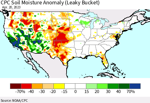 United States CPC Soil Moisture Anomaly (Leaky Bucket) Thematic Map For 4/16/2023 - 4/20/2023