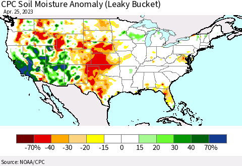 United States CPC Soil Moisture Anomaly (Leaky Bucket) Thematic Map For 4/21/2023 - 4/25/2023