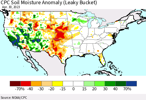 United States CPC Soil Moisture Anomaly (Leaky Bucket) Thematic Map For 4/26/2023 - 4/30/2023
