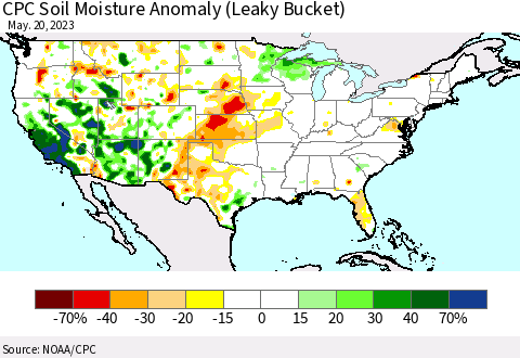 United States CPC Soil Moisture Anomaly (Leaky Bucket) Thematic Map For 5/16/2023 - 5/20/2023