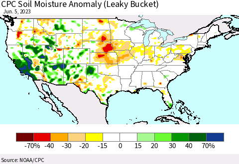 United States CPC Soil Moisture Anomaly (Leaky Bucket) Thematic Map For 6/1/2023 - 6/5/2023