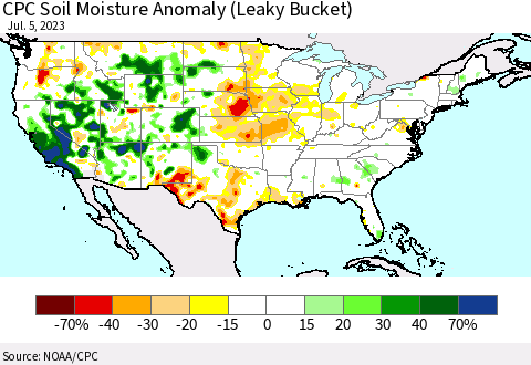 United States CPC Soil Moisture Anomaly (Leaky Bucket) Thematic Map For 7/1/2023 - 7/5/2023