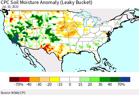 United States CPC Soil Moisture Anomaly (Leaky Bucket) Thematic Map For 7/6/2023 - 7/10/2023