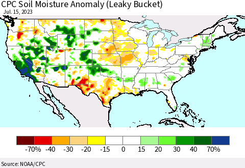 United States CPC Soil Moisture Anomaly (Leaky Bucket) Thematic Map For 7/11/2023 - 7/15/2023