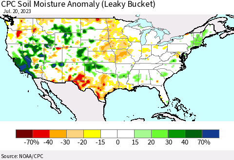 United States CPC Soil Moisture Anomaly (Leaky Bucket) Thematic Map For 7/16/2023 - 7/20/2023