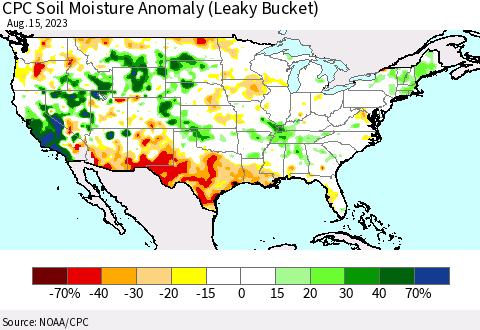 United States CPC Soil Moisture Anomaly (Leaky Bucket) Thematic Map For 8/11/2023 - 8/15/2023