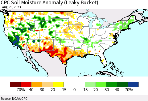 United States CPC Soil Moisture Anomaly (Leaky Bucket) Thematic Map For 8/16/2023 - 8/20/2023