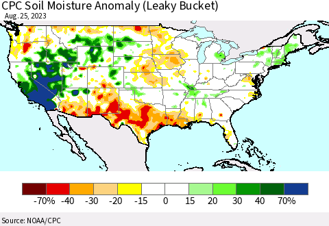 United States CPC Soil Moisture Anomaly (Leaky Bucket) Thematic Map For 8/21/2023 - 8/25/2023