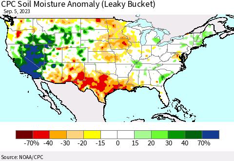 United States CPC Soil Moisture Anomaly (Leaky Bucket) Thematic Map For 9/1/2023 - 9/5/2023