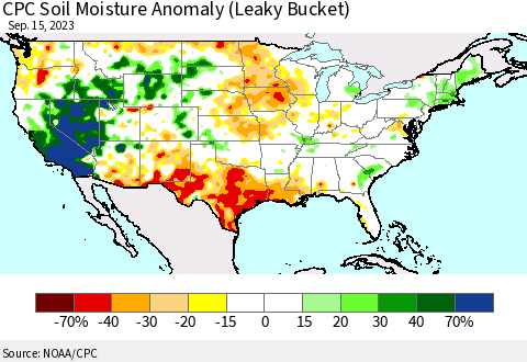 United States CPC Soil Moisture Anomaly (Leaky Bucket) Thematic Map For 9/11/2023 - 9/15/2023