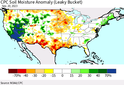 United States CPC Soil Moisture Anomaly (Leaky Bucket) Thematic Map For 9/16/2023 - 9/20/2023