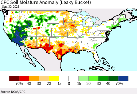 United States CPC Soil Moisture Anomaly (Leaky Bucket) Thematic Map For 9/26/2023 - 9/30/2023