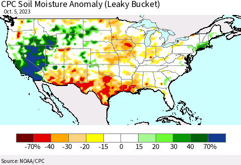 United States CPC Soil Moisture Anomaly (Leaky Bucket) Thematic Map For 10/1/2023 - 10/5/2023