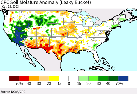 United States CPC Soil Moisture Anomaly (Leaky Bucket) Thematic Map For 10/11/2023 - 10/15/2023