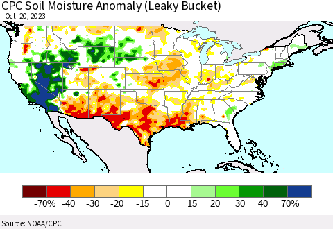 United States CPC Soil Moisture Anomaly (Leaky Bucket) Thematic Map For 10/16/2023 - 10/20/2023