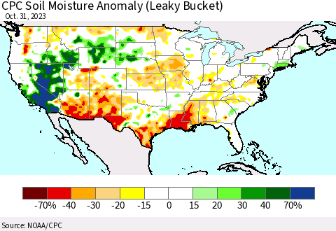 United States CPC Soil Moisture Anomaly (Leaky Bucket) Thematic Map For 10/26/2023 - 10/31/2023