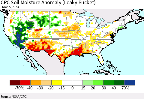 United States CPC Soil Moisture Anomaly (Leaky Bucket) Thematic Map For 11/1/2023 - 11/5/2023