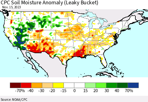 United States CPC Soil Moisture Anomaly (Leaky Bucket) Thematic Map For 11/11/2023 - 11/15/2023