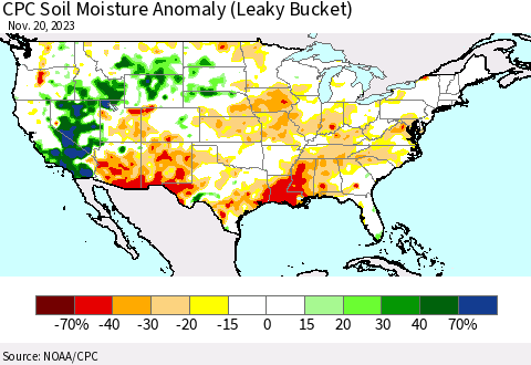 United States CPC Soil Moisture Anomaly (Leaky Bucket) Thematic Map For 11/16/2023 - 11/20/2023