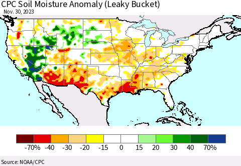 United States CPC Soil Moisture Anomaly (Leaky Bucket) Thematic Map For 11/26/2023 - 11/30/2023