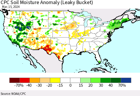 United States CPC Soil Moisture Anomaly (Leaky Bucket) Thematic Map For 3/11/2024 - 3/15/2024