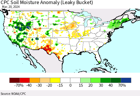 United States CPC Soil Moisture Anomaly (Leaky Bucket) Thematic Map For 3/16/2024 - 3/20/2024