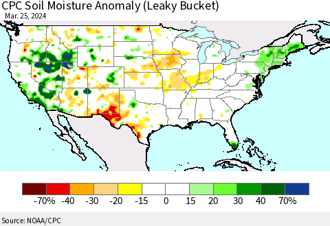 United States CPC Soil Moisture Anomaly (Leaky Bucket) Thematic Map For 3/21/2024 - 3/25/2024