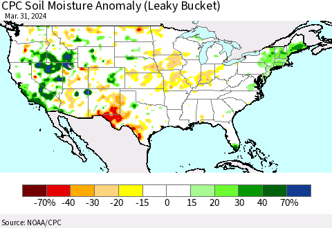 United States CPC Soil Moisture Anomaly (Leaky Bucket) Thematic Map For 3/26/2024 - 3/31/2024