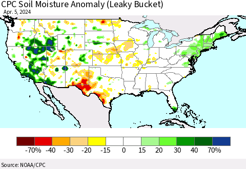 United States CPC Soil Moisture Anomaly (Leaky Bucket) Thematic Map For 4/1/2024 - 4/5/2024