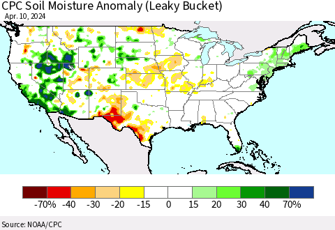 United States CPC Soil Moisture Anomaly (Leaky Bucket) Thematic Map For 4/6/2024 - 4/10/2024