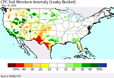 United States CPC Soil Moisture Anomaly (Leaky Bucket) Thematic Map For 5/26/2024 - 5/31/2024