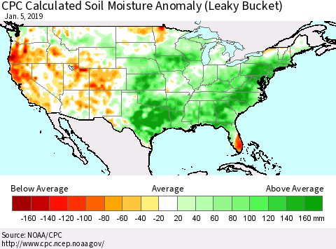 United States CPC Calculated Soil Moisture Anomaly (Leaky Bucket) Thematic Map For 1/1/2019 - 1/5/2019