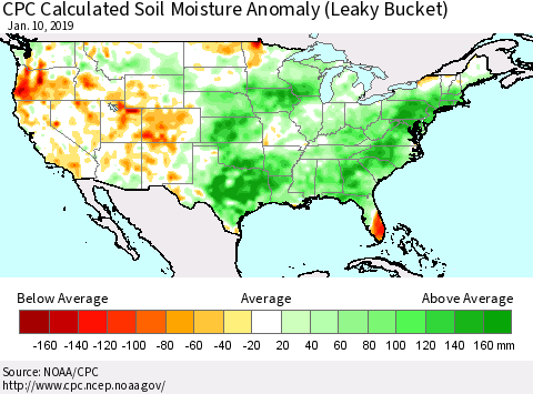 United States CPC Calculated Soil Moisture Anomaly (Leaky Bucket) Thematic Map For 1/6/2019 - 1/10/2019