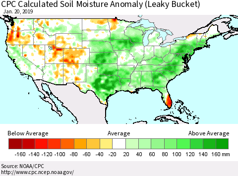 United States CPC Calculated Soil Moisture Anomaly (Leaky Bucket) Thematic Map For 1/16/2019 - 1/20/2019