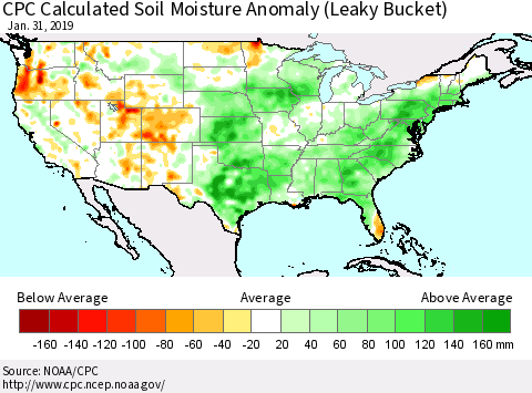 United States CPC Calculated Soil Moisture Anomaly (Leaky Bucket) Thematic Map For 1/26/2019 - 1/31/2019