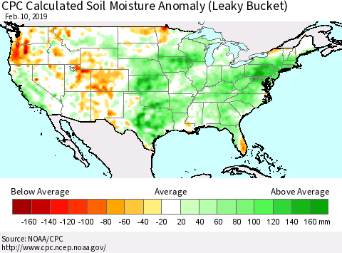United States CPC Calculated Soil Moisture Anomaly (Leaky Bucket) Thematic Map For 2/6/2019 - 2/10/2019