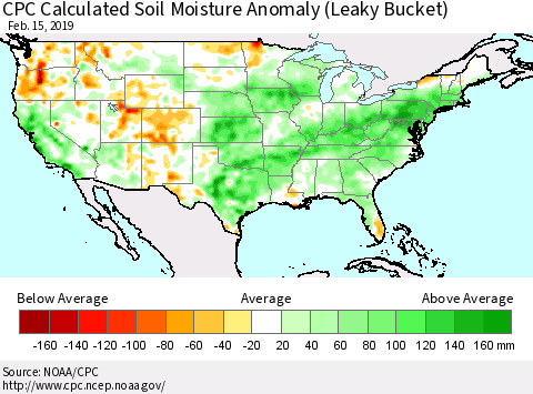United States CPC Calculated Soil Moisture Anomaly (Leaky Bucket) Thematic Map For 2/11/2019 - 2/15/2019
