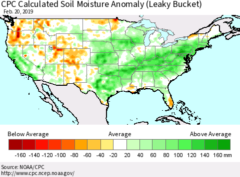 United States CPC Calculated Soil Moisture Anomaly (Leaky Bucket) Thematic Map For 2/16/2019 - 2/20/2019