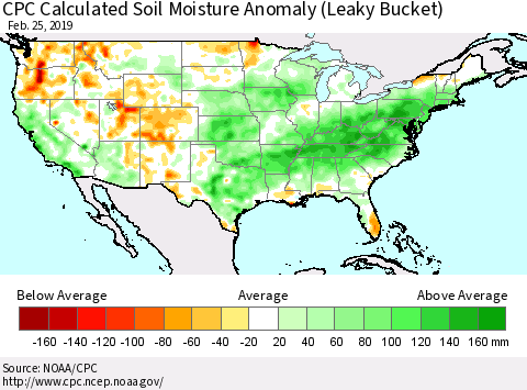 United States CPC Calculated Soil Moisture Anomaly (Leaky Bucket) Thematic Map For 2/21/2019 - 2/25/2019