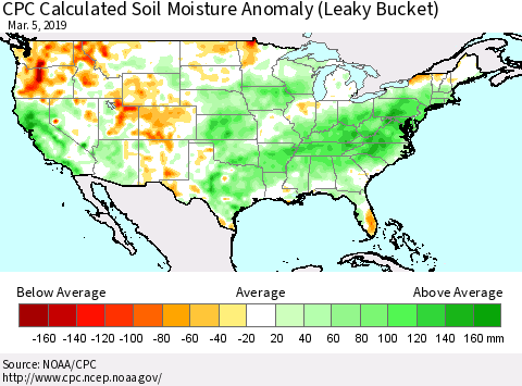 United States CPC Calculated Soil Moisture Anomaly (Leaky Bucket) Thematic Map For 3/1/2019 - 3/5/2019