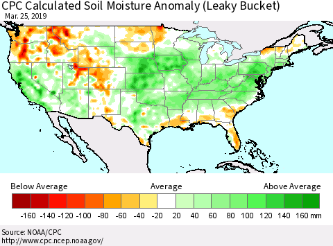 United States CPC Calculated Soil Moisture Anomaly (Leaky Bucket) Thematic Map For 3/21/2019 - 3/25/2019